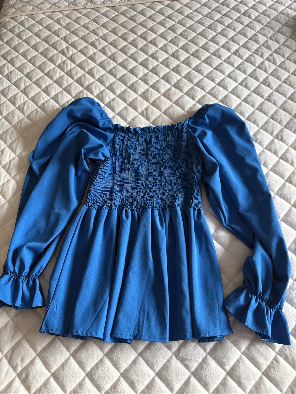 Blue Smocked Puff-Sleeve Women’s Top